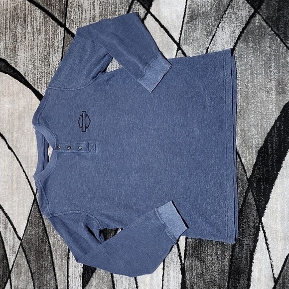 HARLEY DAVIDSON HENLEY THERMAL EMBROIDERED BAR & SHIELD BLUE LONG SLEEVE SHIRT - Picture 1 of 14